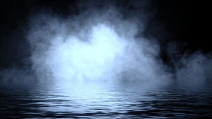 Mystery blue coastal fog . Smoke on the shore . Reflection in water. Texture overlays background. Stock illustration