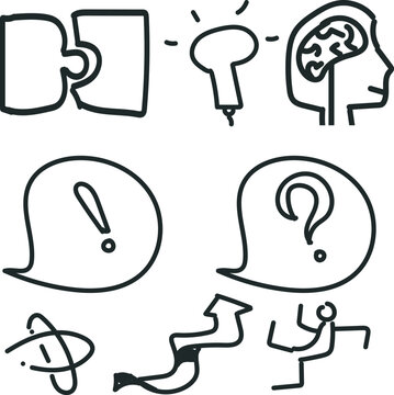 A set of icons on the theme of thinking, ideas, and beginning works.