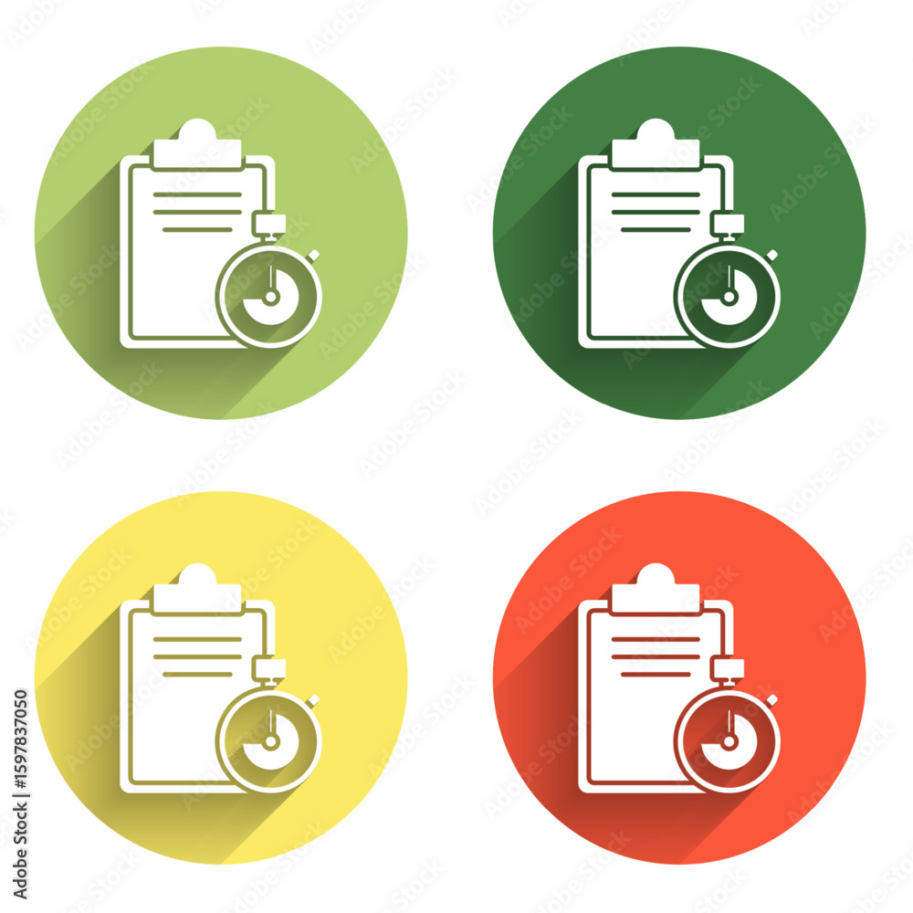Poster set verification of delivery list clipboard icon isolated with long shadow background. color circle 