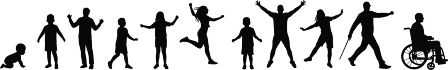 Human life stages silhouette vector illustration, growth from baby to elderly, aging timeline progression, people evolution with cane and wheelchair