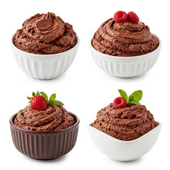 A set of different chocolate mousse dishes isolated on white