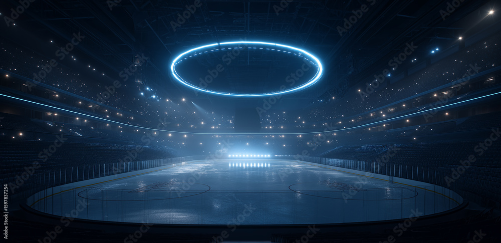 Poster a large indoor venue with an ice - covered central area. circular lights and spotlights above interw