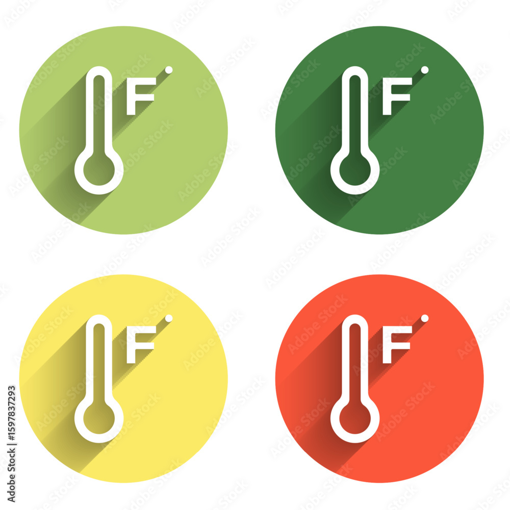 Poster set meteorology thermometer measuring heat and cold icon isolated with long shadow background. tempe