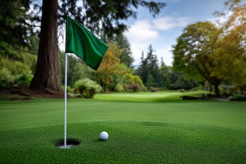 Obraz premium Golf Ball Near Hole with Green Flag on Well-Maintained Course