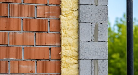 Spray foam insulation filling gap between brick and concrete block wall during construction.