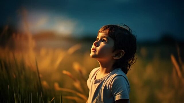 Curious Young Child Looking Up in Field During Golden Hour

