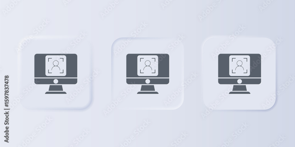 Poster grey monitor with face recognition icon isolated on grey background. face identification scanner ico