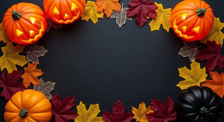 Halloween pumpkins and colorful autumn leaves arranged on a dark background.