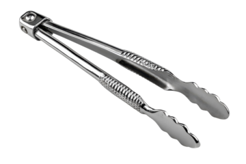 Chrome Kitchen Tongs Close Up Tool Silverware Cooking Equipment BBQ Grill Food Prep Utensil Black