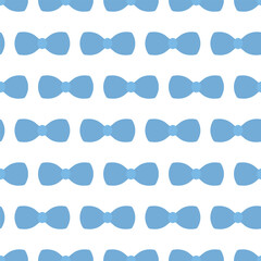 Blue bow. Horizontally arranged bows. Continuous vector pattern. Seamless ornament of cute bow ties. Isolated colorless background. Flat style. Idea for web design.
