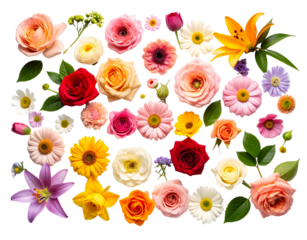 Elegant Minimalist Collection of Single Blooming Flowers, Each Isolated and Spaced, Front View, Transparent Background.