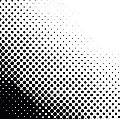 Black and white halftone dots pattern fading from dense to sparse abstract background