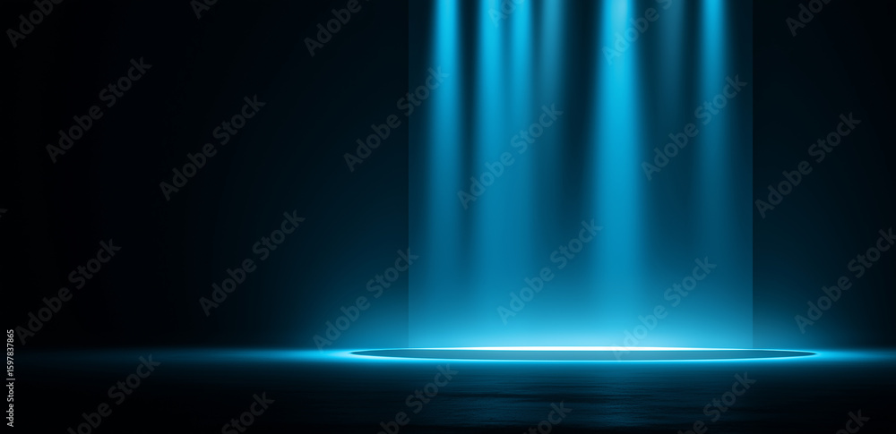 Poster in a dark space, several blue light beams fall vertically, illuminating the ground and creating a si
