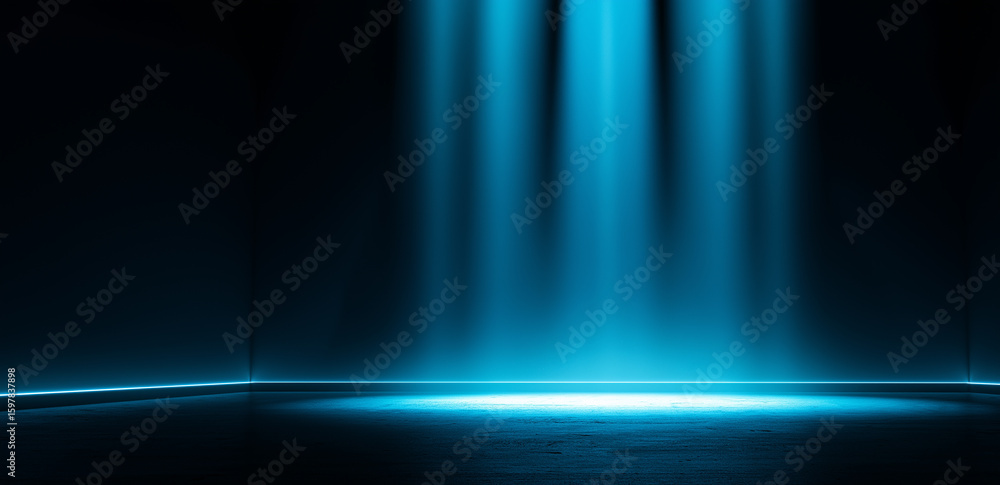 Poster in a dark space, several blue light beams fall vertically, illuminating the ground and creating a si
