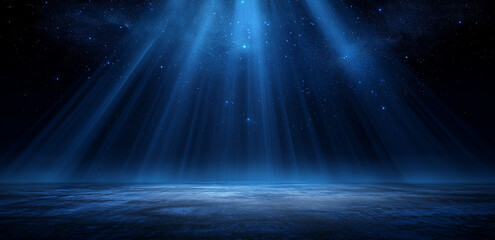 On a dark background, blue lights fall like stage spotlights, with light bands on the ground and star dots, creating a dreamy performance atmosphere.