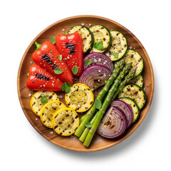Grilled vegetables in a wooden plate isolated on white