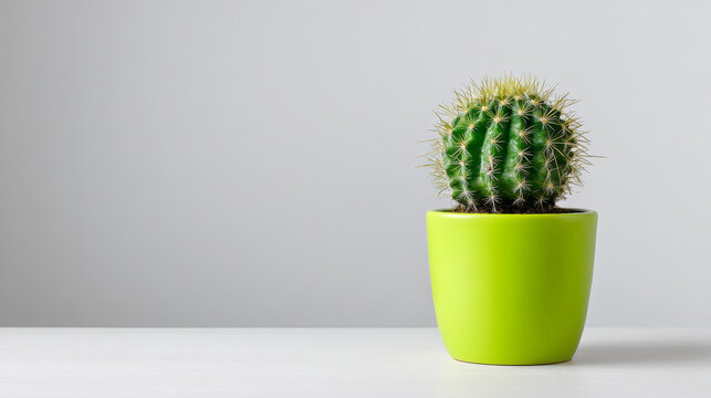 A vibrant green cactus thrives in a bright green pot on a white surface, providing a clean, modern feel.