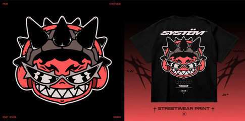 Cartoon mascot face with sunglasses, horns and headphones. Y2K streetwear character print for t-shirt, aggressive grin and spiked hair. Isolated on black background