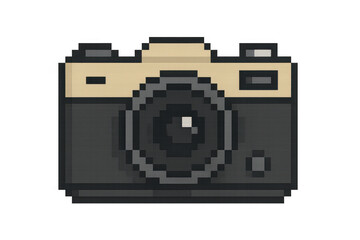 Pixelated vintage camera capturing essence of retro photography, ideal for projects seeking nostalgic and artistic touch, with transparent background