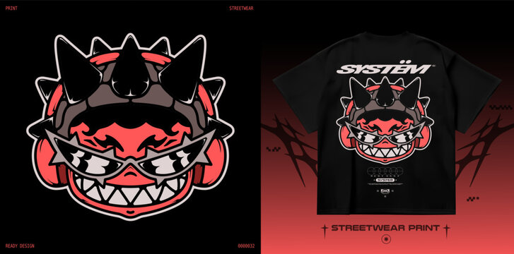 Cartoon mascot face with sunglasses, horns and headphones. Y2K streetwear character print for t-shirt, aggressive grin and spiked hair. Isolated on black background
