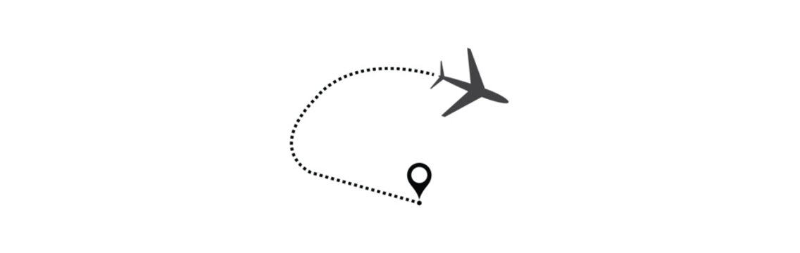air plane flight route with start point and dash line trace. Various aircraft and destination location pins icons. Aircraft tracking, planes, travel, map