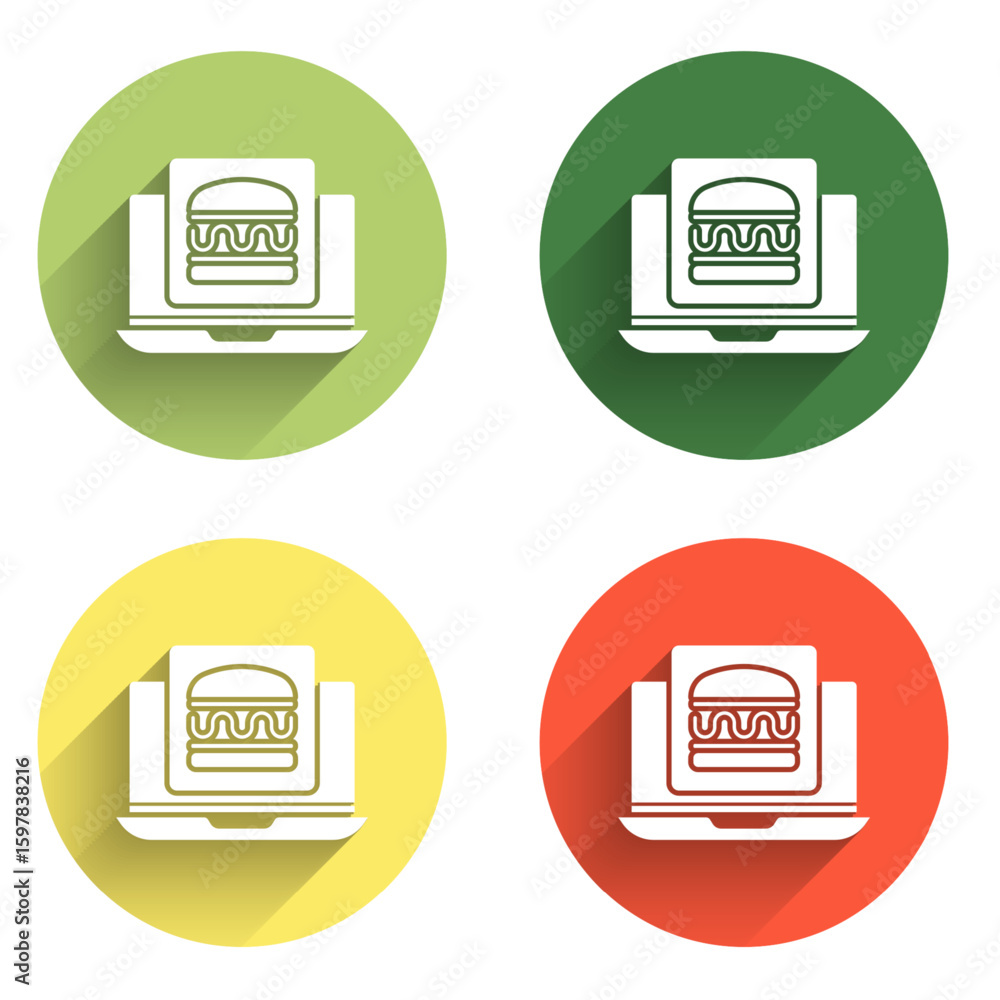 Poster set online ordering and burger delivery icon isolated with long shadow background. color circle butt