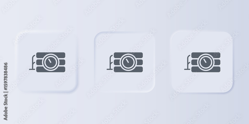 Poster grey detonate dynamite bomb stick and timer clock icon isolated on grey background. time bomb - expl