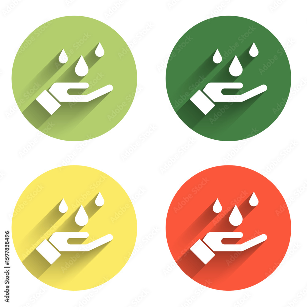 Aufkleber set washing hands with soap icon isolated with long shadow background. washing hands with soap to pr
