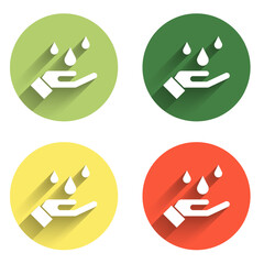 Set Washing hands with soap icon isolated with long shadow background. Washing hands with soap to prevent virus and bacteria. Color circle button. Vector