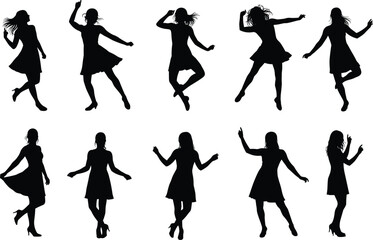 Silhouettes of dancing women in different poses, happy girls in motion, joyful female dancers vector art for design and animation