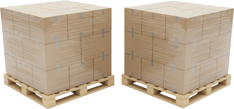 Two stacks of cardboard boxes secured with plastic wrap on wooden pallets transparent background