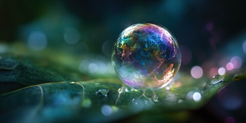 A captivating soap bubble rests delicately on a vibrant green leaf, reflecting a mesmerizing array of colors and textures in a macro shot, creating a dreamy, ethereal scene.