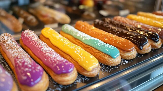 Assortment of vibrant eclairs with colorful glaze and powdered sugar on top, displayed on a metal tray. Eye-catching pastry variety. Bright and sweet.
