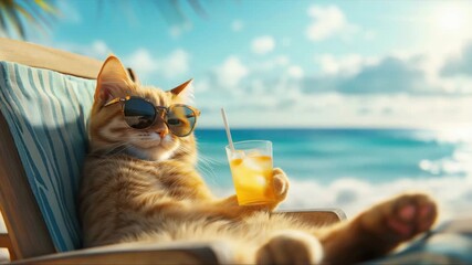 A ginger cat wearing sunglasses is relaxing on a striped beach chair while holding a glass of juice with ice. Comedic and tropical vacation mood. Cute scene.