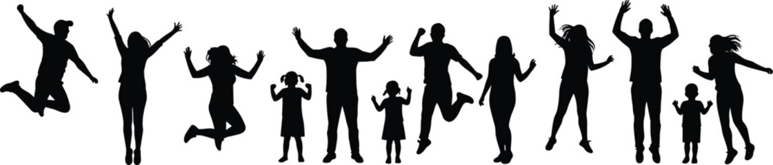 Happy family jumping silhouettes, group of parents and children celebrating joy together in outdoor freedom fun pose vector illustration