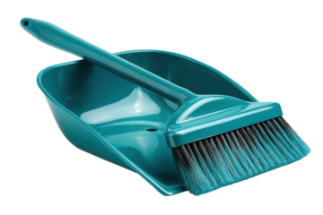 Teal cleaning brush and dustpan on a black background for easy cleaning and tidiness in a modern