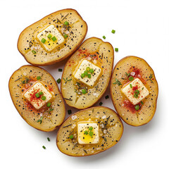 Seasoned Buttered baked potatoes isolated on white