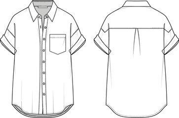 CAD drawing flat vector illustration of women’s short sleeve button up shirt technical fashion sketch front and back view