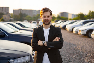 A confident businessman stands arms crossed at a car dealership, showcasing the available vehicles....