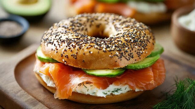 Whole grain bagel filled with cream cheese, avocado and smoked salmon, topped with sesame and poppy seeds. Close-up food shot. Fresh and tasty.