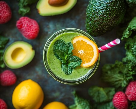 A vibrant green smoothie surrounded by fresh healthy ingredients