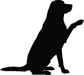 Silhouette of sitting dog raising paw, obedient pet gesture, cute canine training pose, loyal companion animal vector illustration