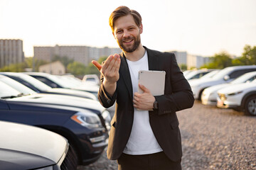 A car salesman invites the viewer to look at the available cars, holding a tablet while smiling at...