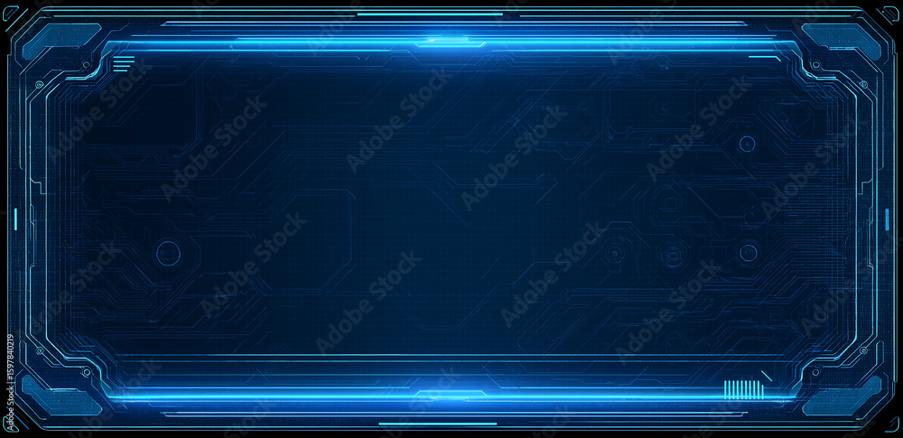 Poster on a dark background, blue glowing lines form a rectangular border, like circuit board patterns, wit