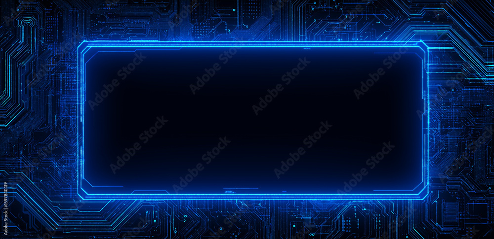 Poster on a dark background, blue glowing lines form a rectangular border, like circuit board patterns, wit
