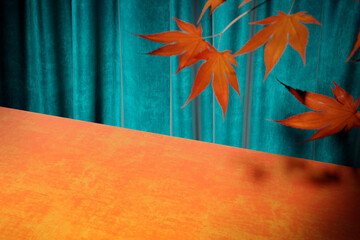Luxury autumn velvet background with autumn maple leaves for thanksgiving and halloween season. Vibrant orange and blue podium table interior room with curtains. Product placement mockup template fall