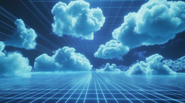 Retro futuristic landscape with grid and clouds.