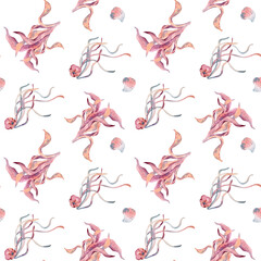 Ocean plants minimalist seamless pattern with coral and underwater kelp. Watercolor sea flora in pink and blue monochrome hand drawn isolated. Design textile, beach print, and marine packaging.