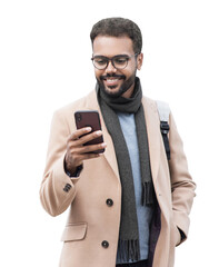 Young handsome man with backpack holding smart phone isolated transparent PNG, Smiling student men looking at mobile phone isolated portrait