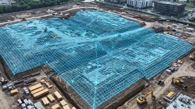 Drone Hovering Over Construction Site Creating 3D Topographic Map